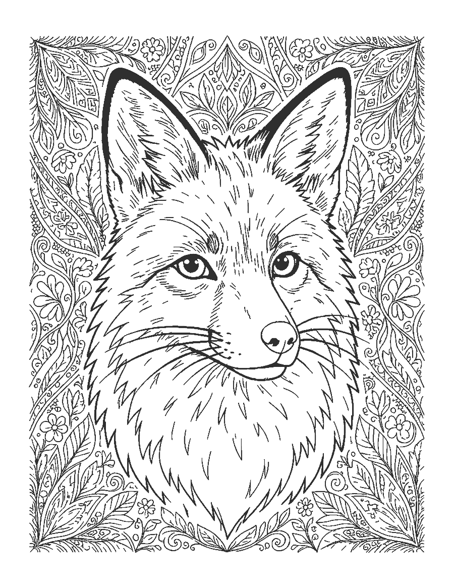 Line drawing of a realistic red fox's head and shoulders with tall ears and fluffy cheek fur