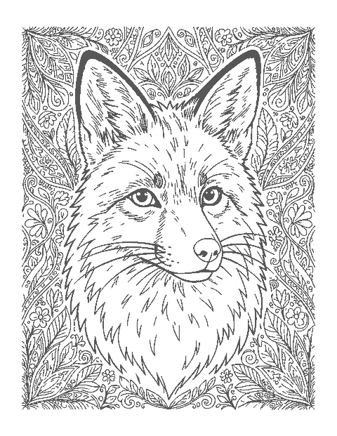 Line drawing of a realistic red fox's head and shoulders with tall ears and fluffy cheek fur