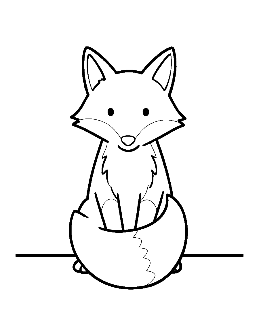 Line drawing of a red fox sitting upright with its bushy tail wrapped around its paws