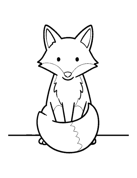 Line drawing of a red fox sitting upright with its bushy tail wrapped around its paws