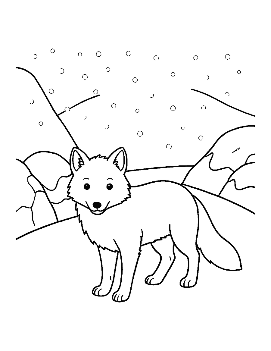 Line drawing of a fluffy Arctic fox standing on a snowdrift with rocks and falling snow