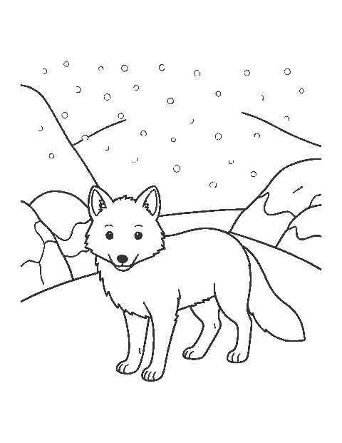 Line drawing of a fluffy Arctic fox standing on a snowdrift with rocks and falling snow