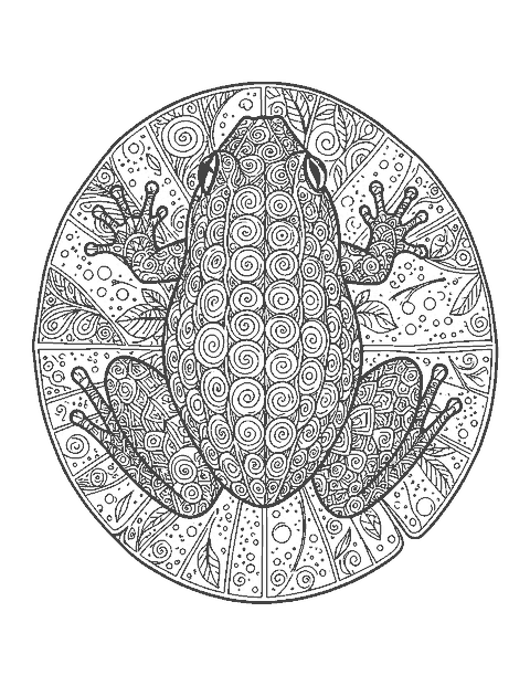 Line drawing of a crouching frog seen from above filled with doodle patterns