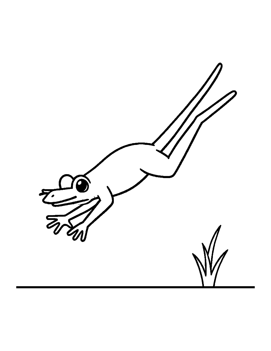 Line drawing of a frog mid-leap with its long back legs stretched out