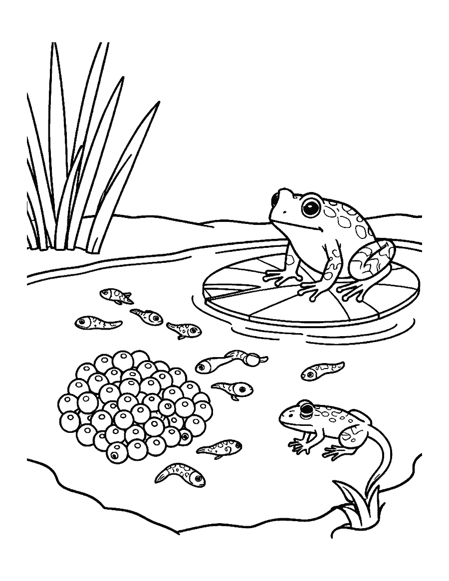 Line drawing of frog eggs, tadpoles, a froglet and an adult frog in a pond
