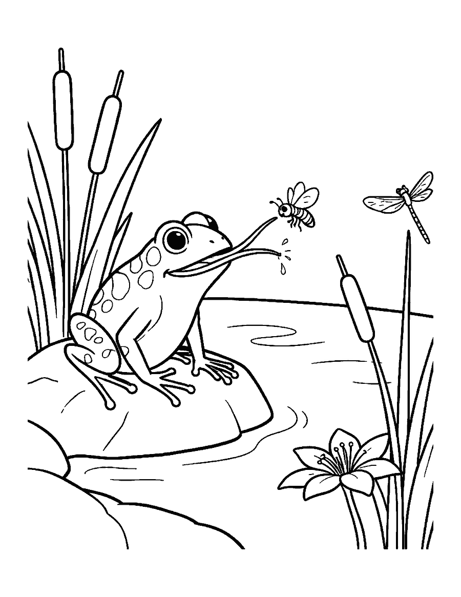 Line drawing of a frog on a rock flicking its tongue at a fly beside cattails