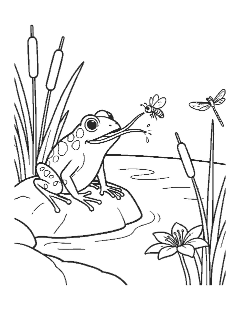 Line drawing of a frog on a rock flicking its tongue at a fly beside cattails