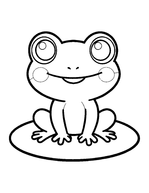 Line drawing of a cute chibi frog with big eyes sitting on a lily pad