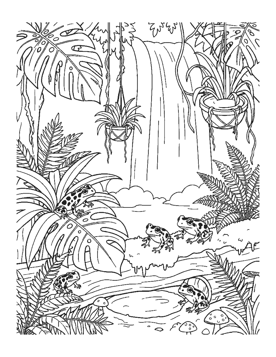 Line drawing of small poison dart frogs on big rainforest leaves near bromeliads and a waterfall