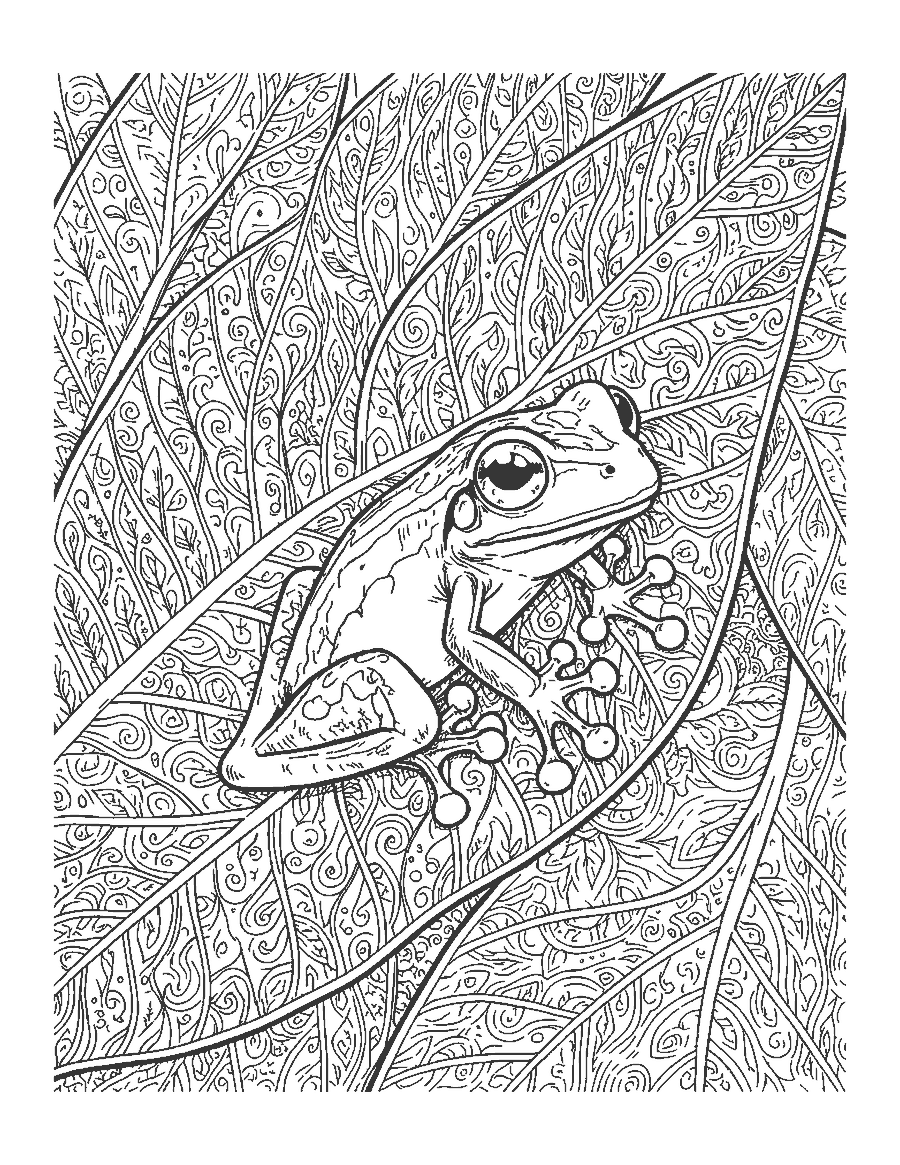 Line drawing close-up of a red-eyed tree frog gripping a big leaf with its sticky toes