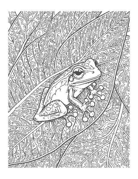 Line drawing close-up of a red-eyed tree frog gripping a big leaf with its sticky toes