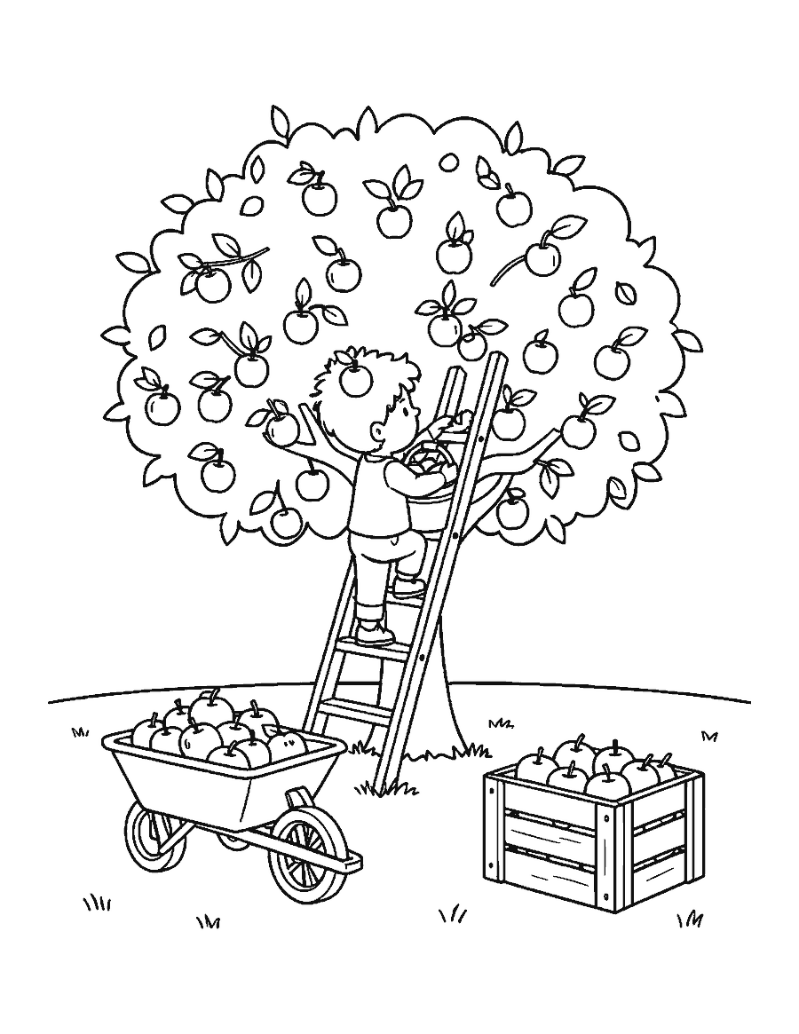 Line drawing of a child on a ladder picking apples with a wheelbarrow and crate nearby