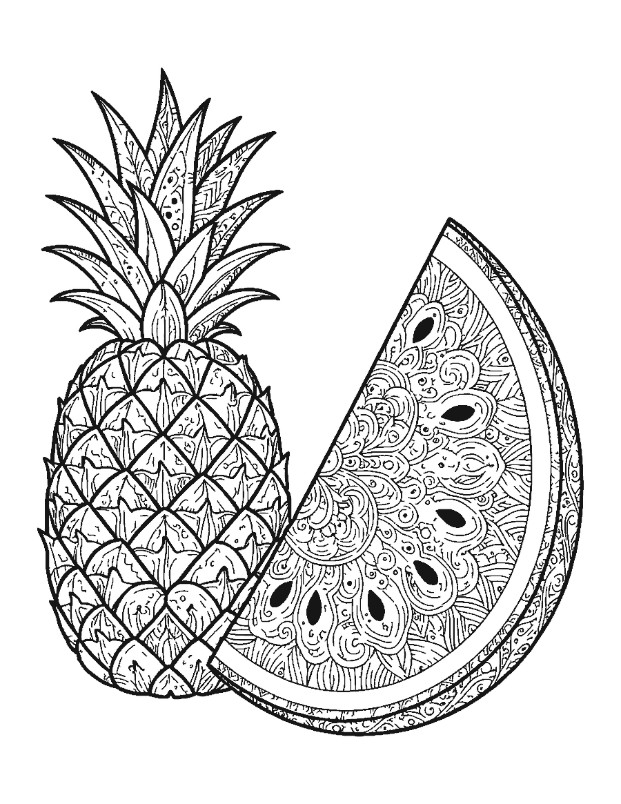 Line drawing of a pineapple and a watermelon slice filled with doodle patterns