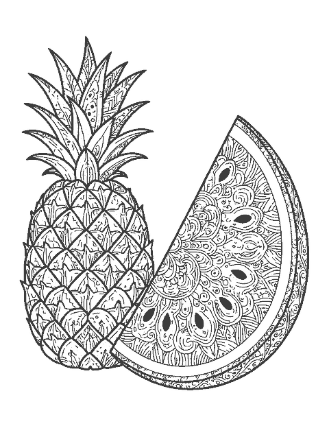 Line drawing of a pineapple and a watermelon slice filled with doodle patterns