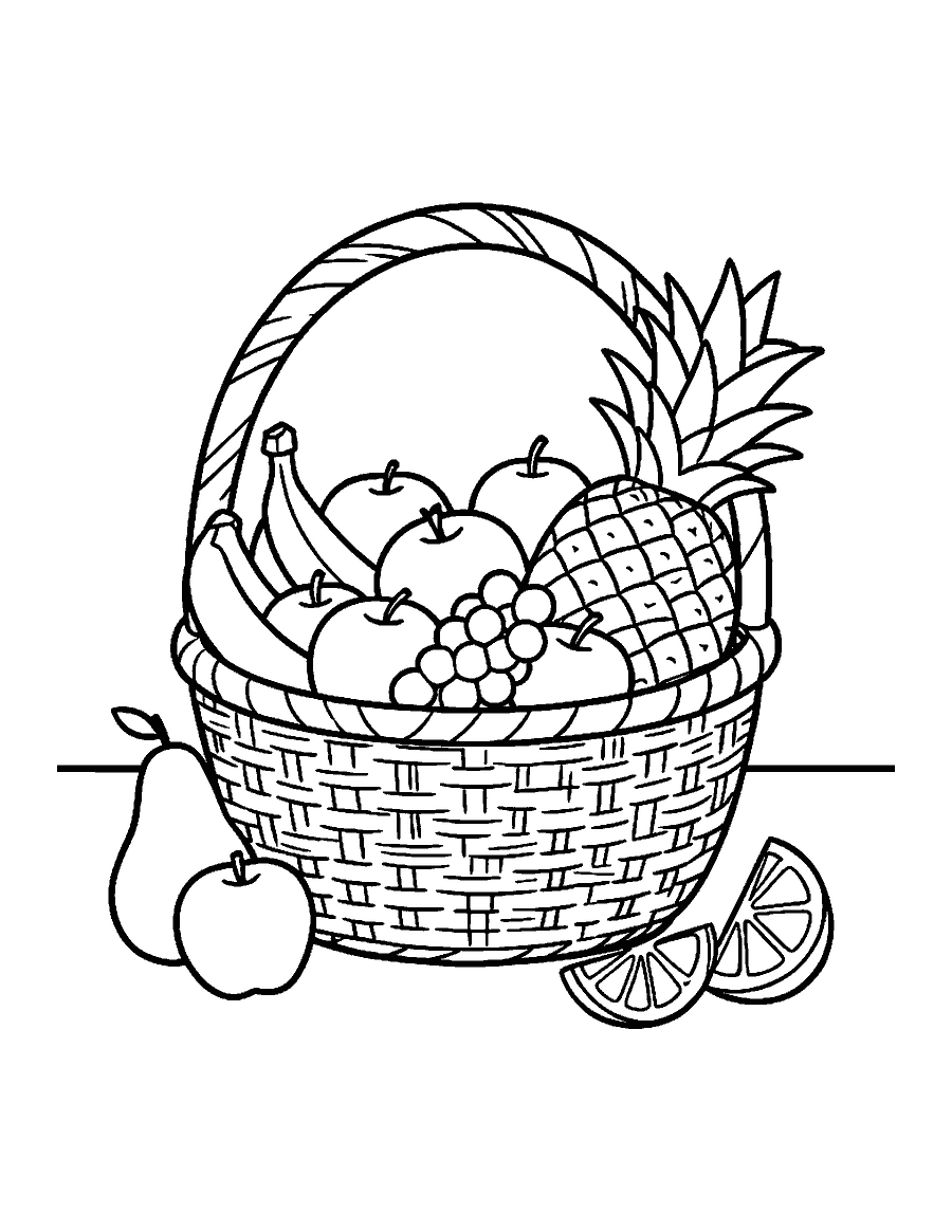 Line drawing of a woven basket of apples, bananas, grapes and a pineapple on a table
