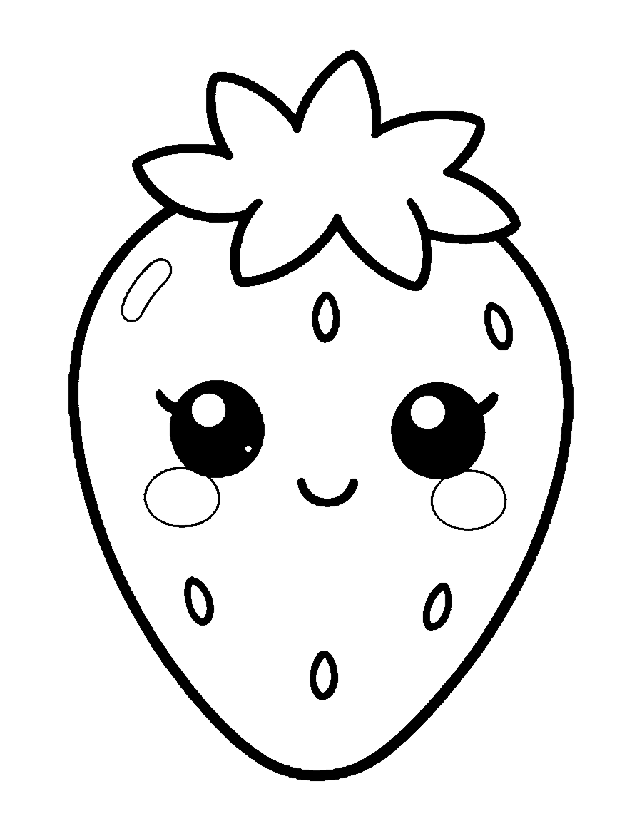 Line drawing of a big cute strawberry with seed dots, a leafy top and a smiling face