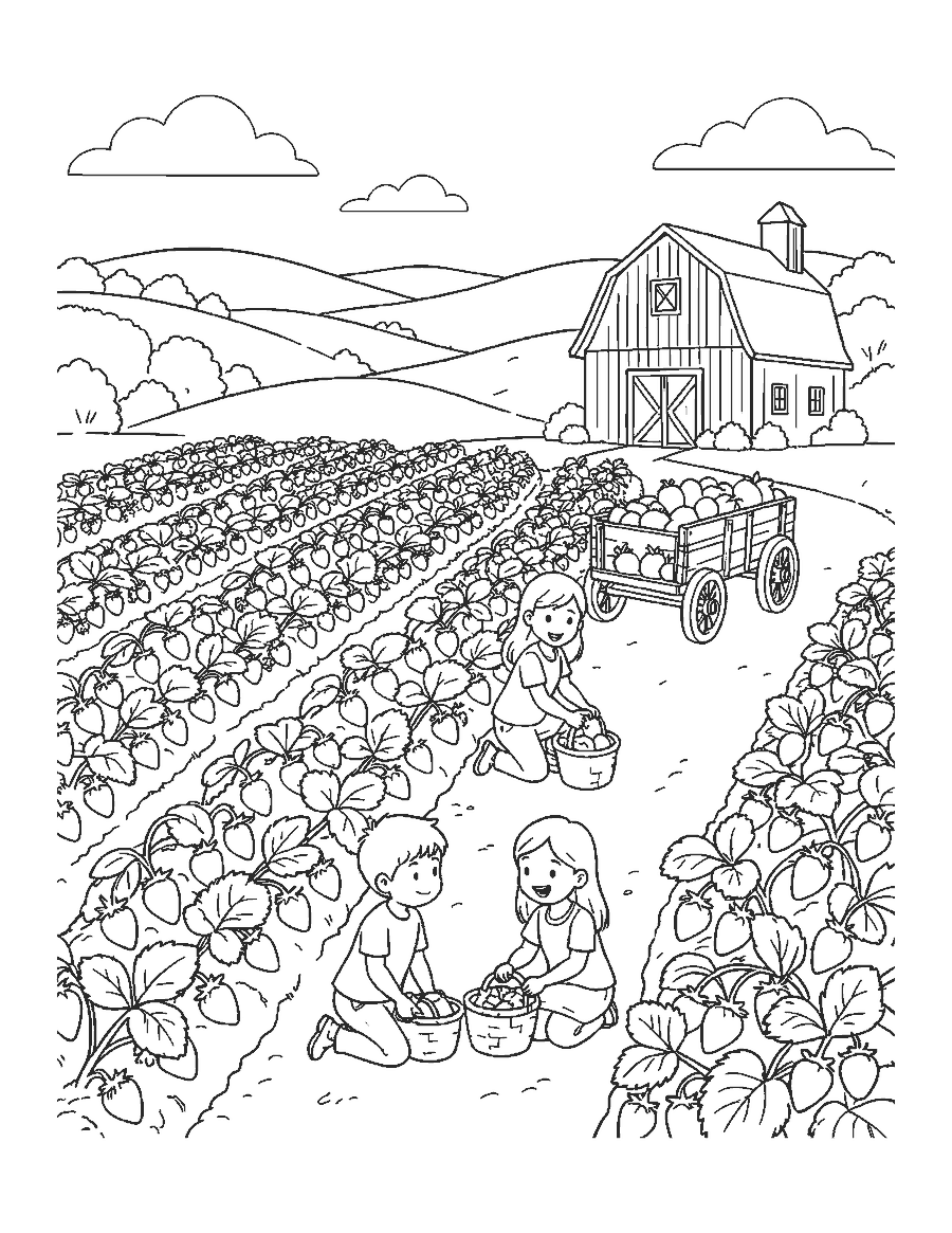 Line drawing of kids picking strawberries in rows with baskets, a farm cart and a barn