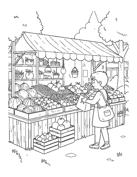 Line drawing of a market stall with crates of fruit, a shopper and a vendor