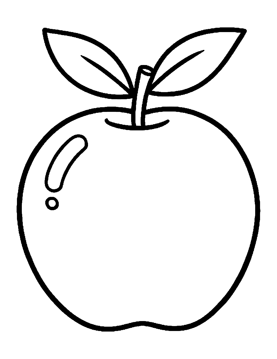Line drawing of a round apple with a short stem, one leaf and a shine mark