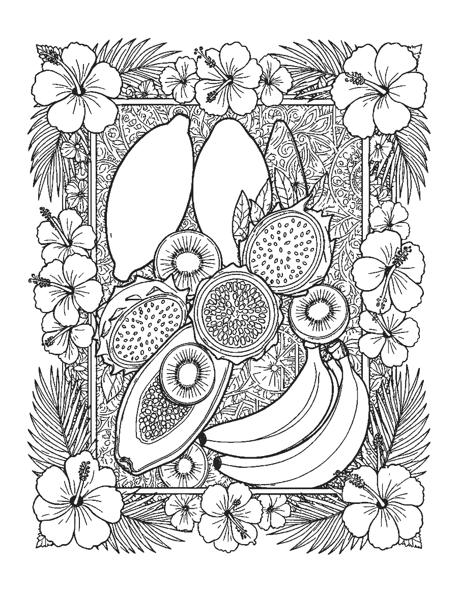 Line drawing of tropical fruits inside a border of palm fronds and hibiscus flowers