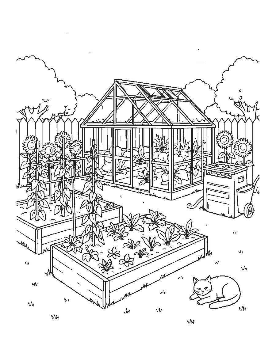 Line drawing of a backyard garden with a greenhouse, raised beds, bean poles and a cat