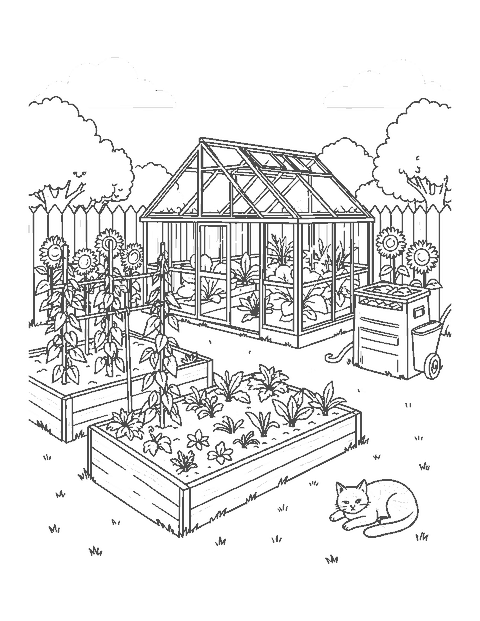 Line drawing of a backyard garden with a greenhouse, raised beds, bean poles and a cat
