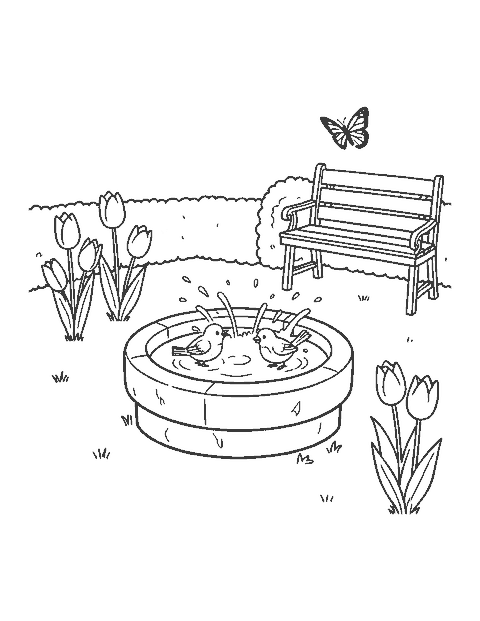 Line drawing of two birds splashing in a stone bird bath among tulips and a bench