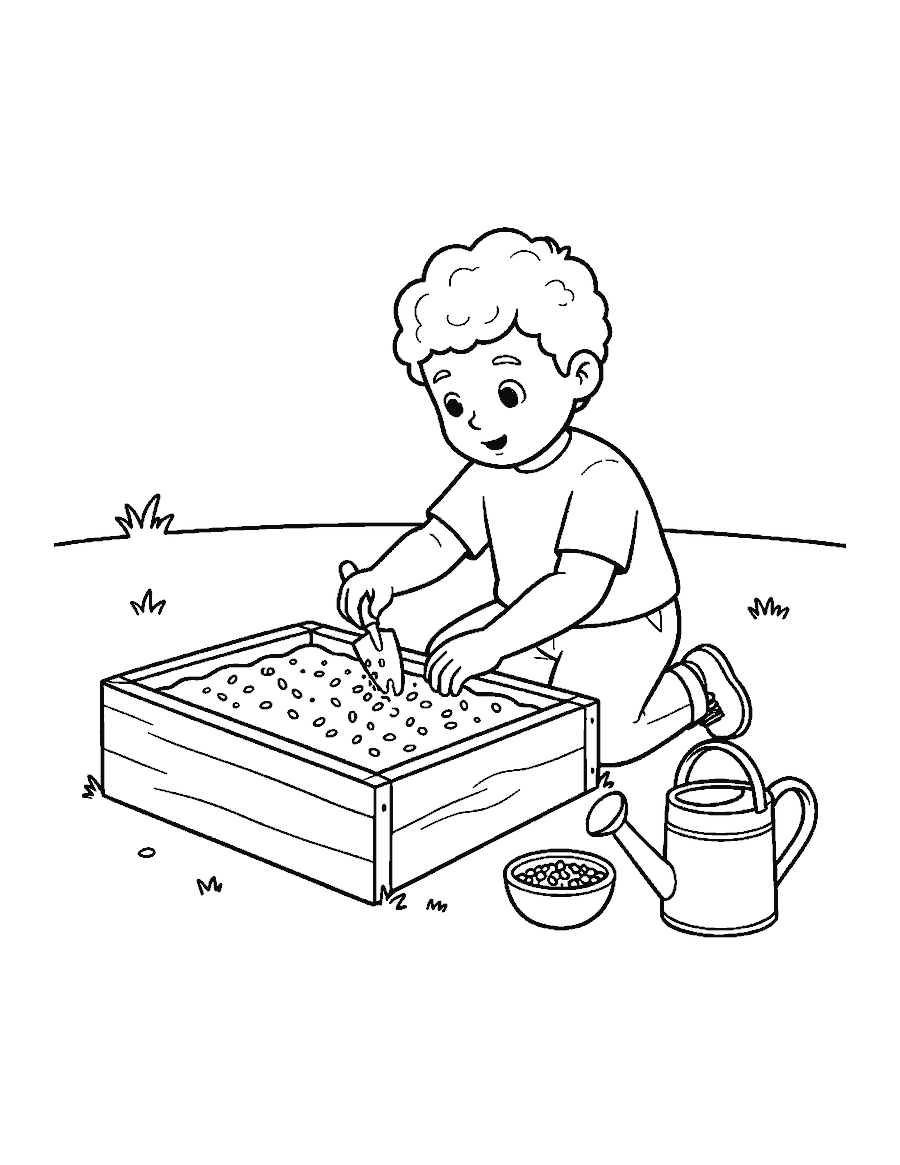 Line drawing of a boy planting seeds in a wooden raised garden bed with a trowel
