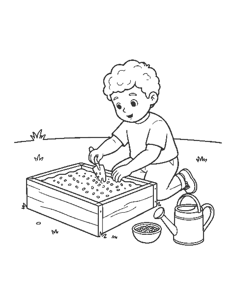 Line drawing of a boy planting seeds in a wooden raised garden bed with a trowel