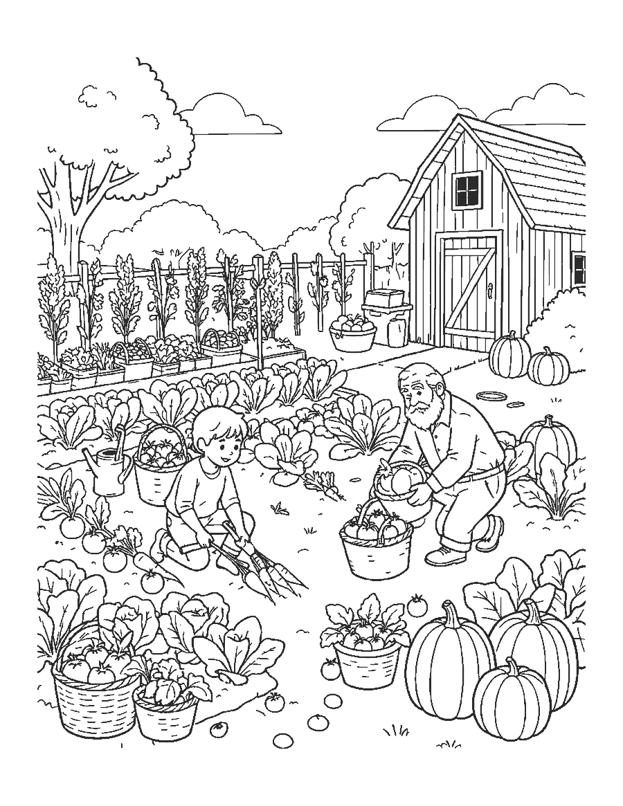 Line drawing of a family harvesting tomatoes, carrots and pumpkins in a vegetable garden
