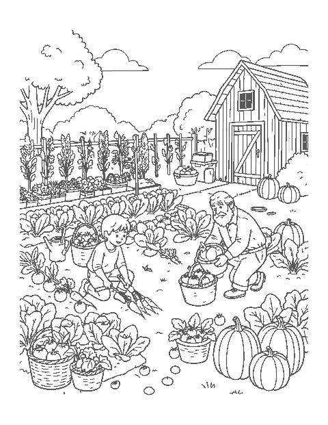 Line drawing of a family harvesting tomatoes, carrots and pumpkins in a vegetable garden