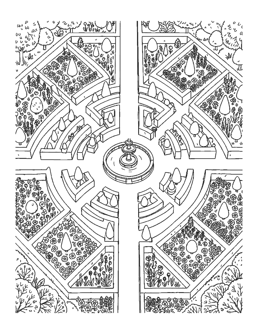 Line drawing of a hedge maze garden seen from above with a tiered fountain and topiaries