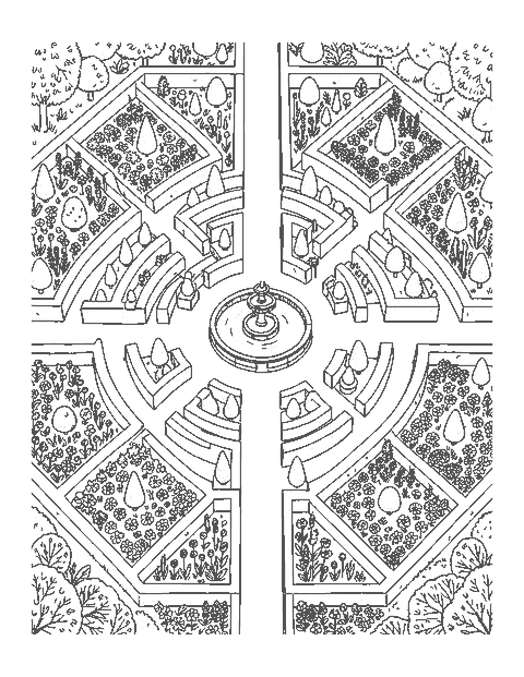 Line drawing of a hedge maze garden seen from above with a tiered fountain and topiaries