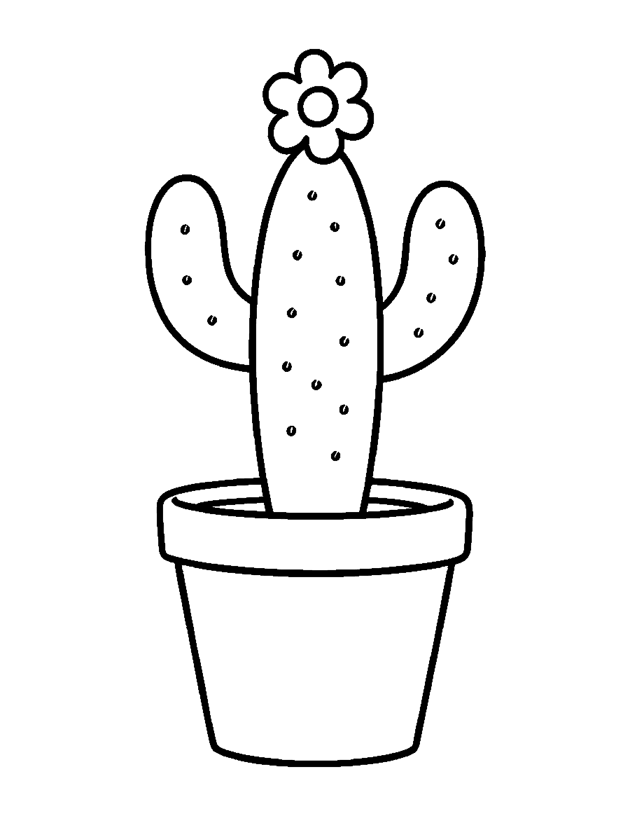 Line drawing of a cactus with two rounded arms and a flower in a clay pot