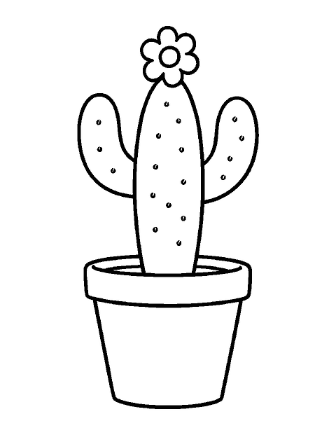 Line drawing of a cactus with two rounded arms and a flower in a clay pot
