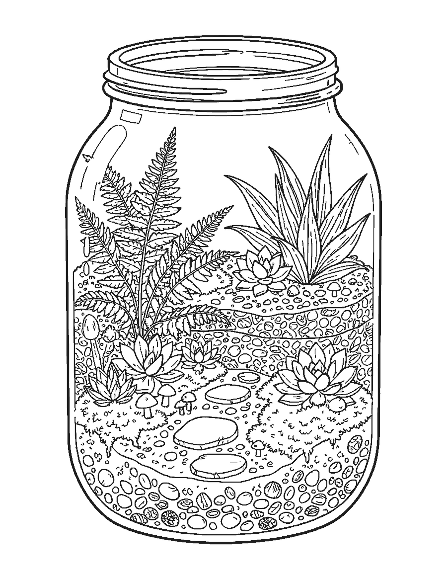 Line drawing of a glass terrarium jar with ferns, moss, succulents and tiny mushrooms