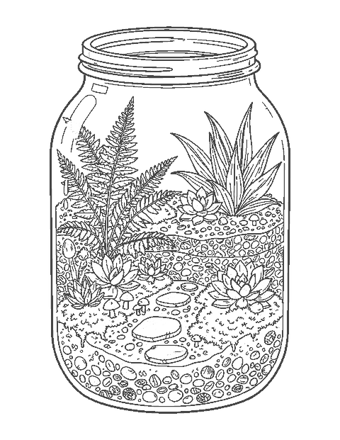Line drawing of a glass terrarium jar with ferns, moss, succulents and tiny mushrooms