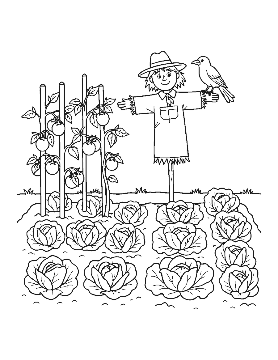 Line drawing of a vegetable patch with cabbages and tomatoes around a friendly scarecrow