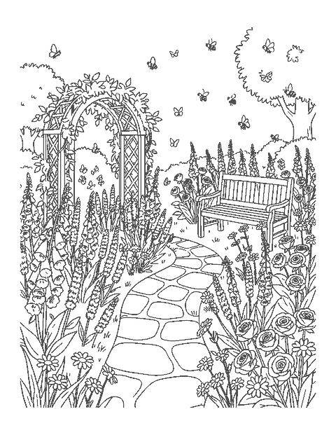 Line drawing of a stone path through a cottage garden with a trellis, butterflies and bees