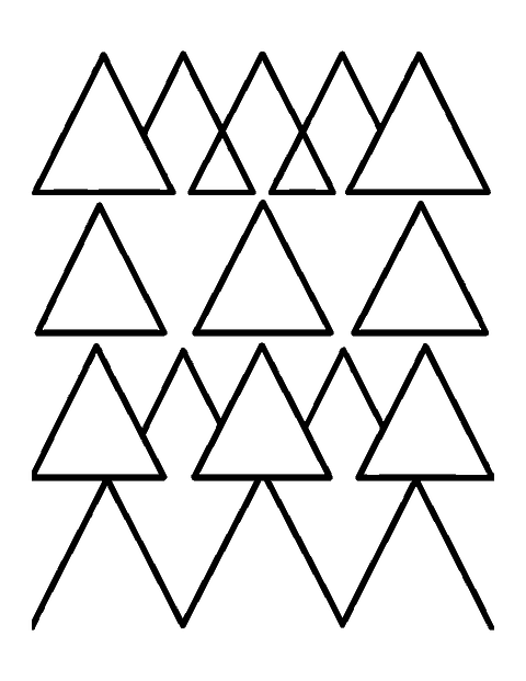 Line drawing of a patchwork pattern of large triangles with thick bold outlines
