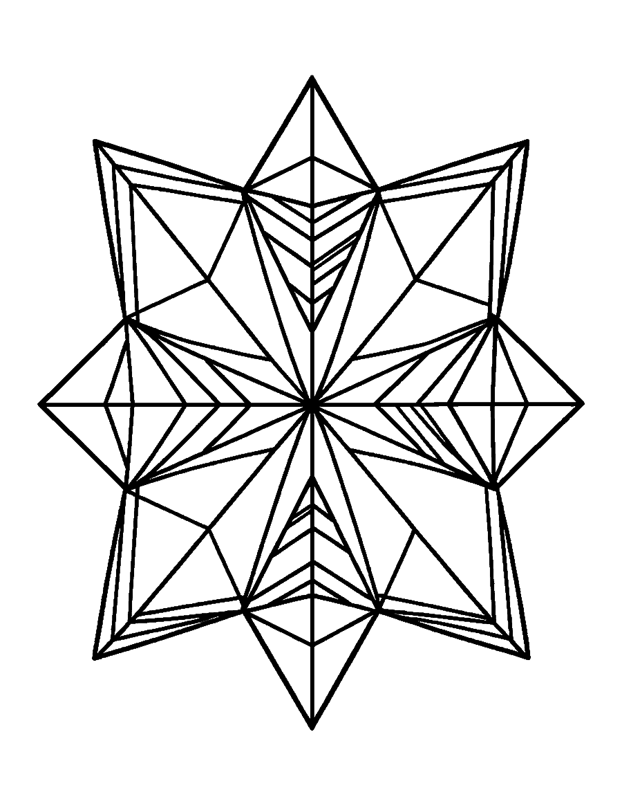 Line drawing of a kaleidoscope pattern of diamonds and triangles mirrored from the center
