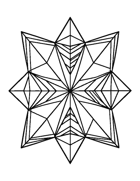 Line drawing of a kaleidoscope pattern of diamonds and triangles mirrored from the center