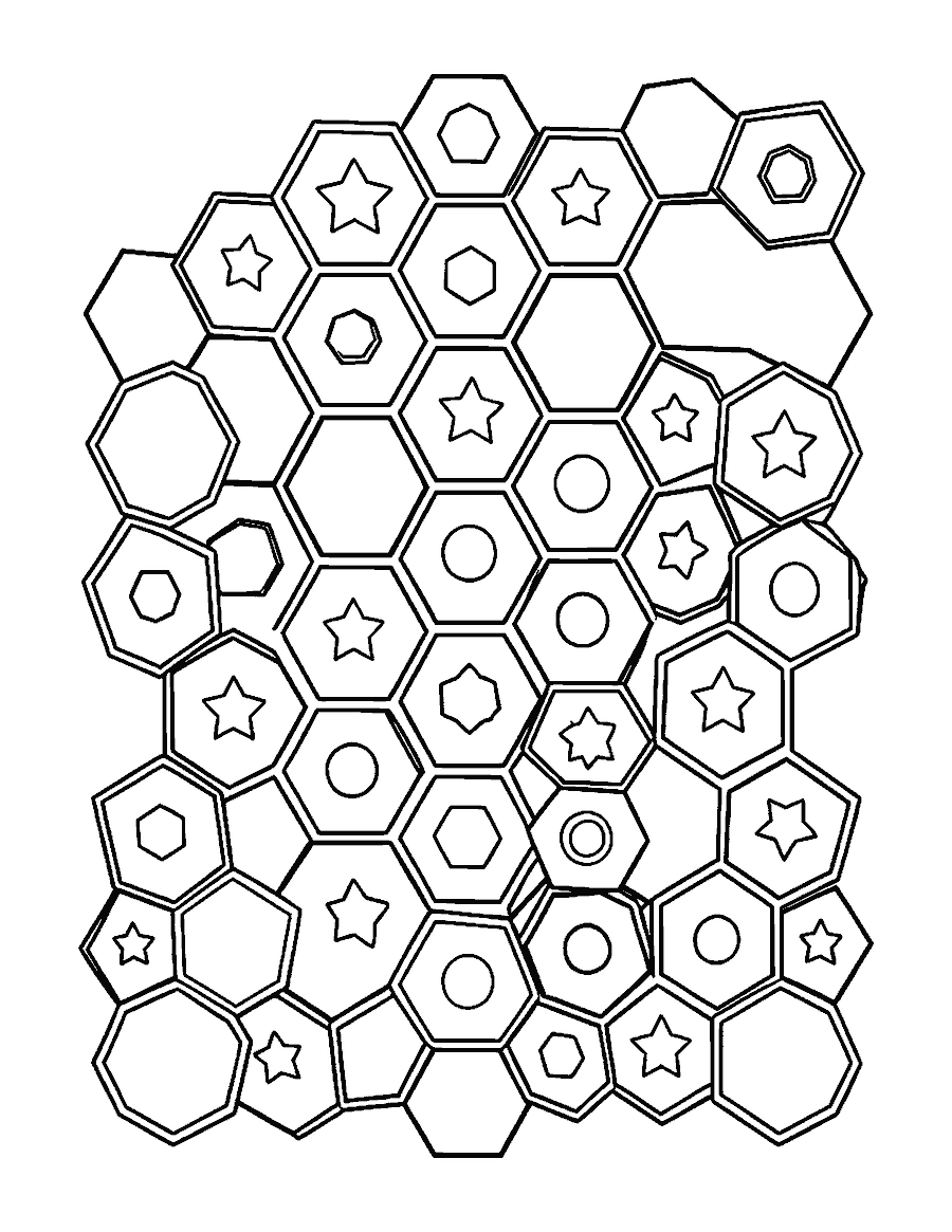Line drawing of a honeycomb of hexagons with smaller shapes inside some cells