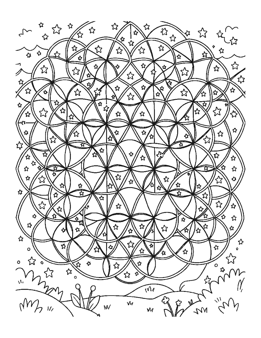 Line drawing of overlapping circles and arcs forming a dense lattice of petal shapes