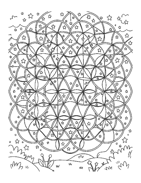 Line drawing of overlapping circles and arcs forming a dense lattice of petal shapes