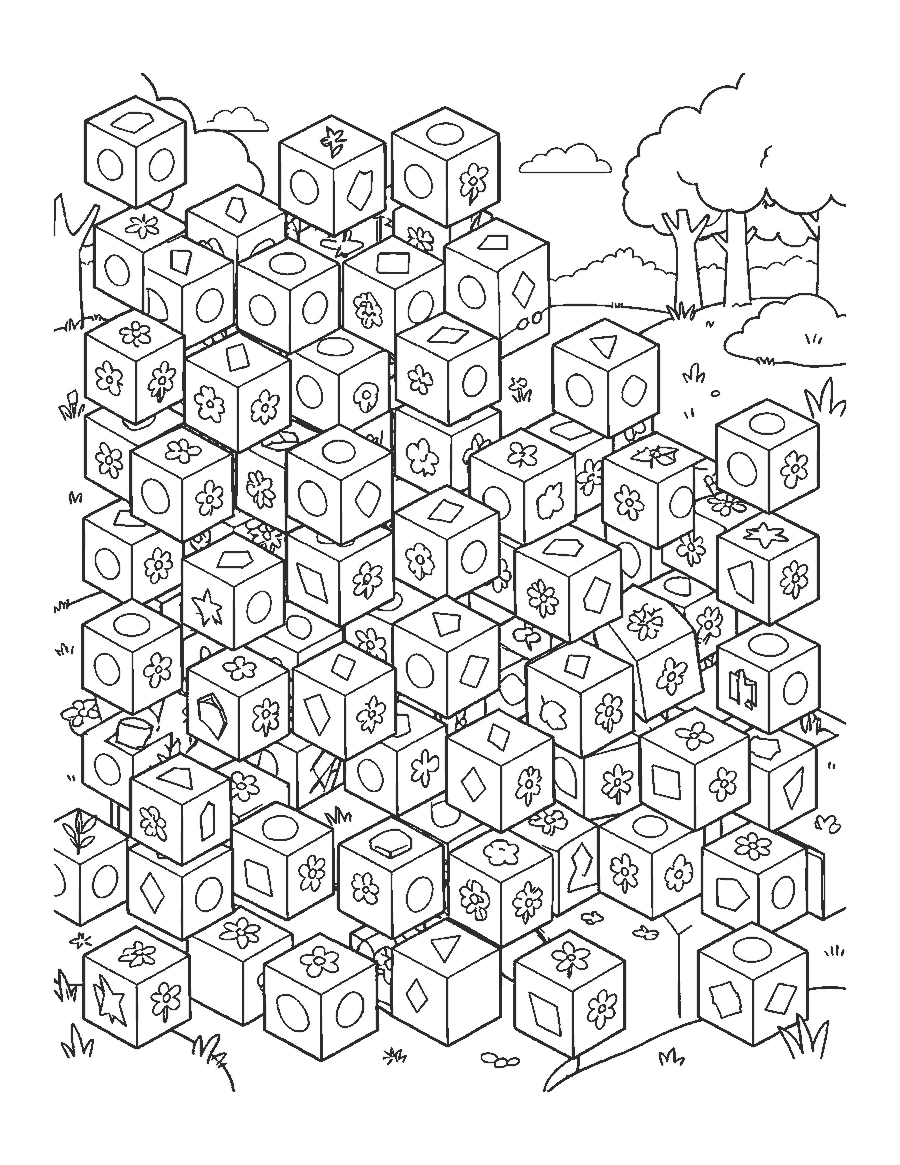 Line drawing of an optical illusion pattern of 3D cubes with patterned faces