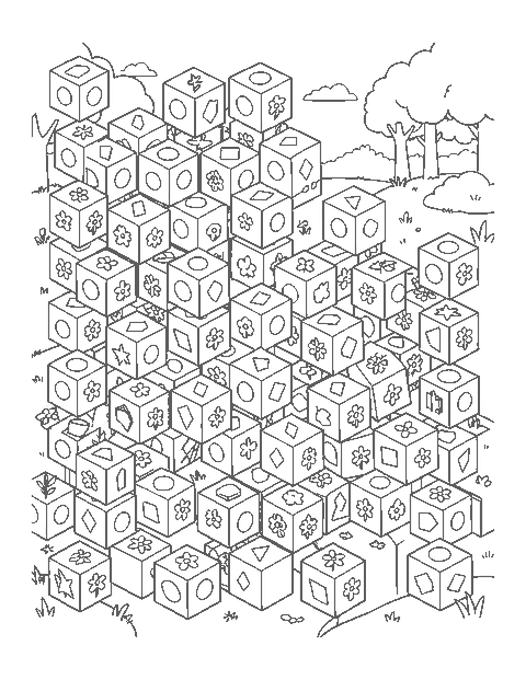 Line drawing of an optical illusion pattern of 3D cubes with patterned faces