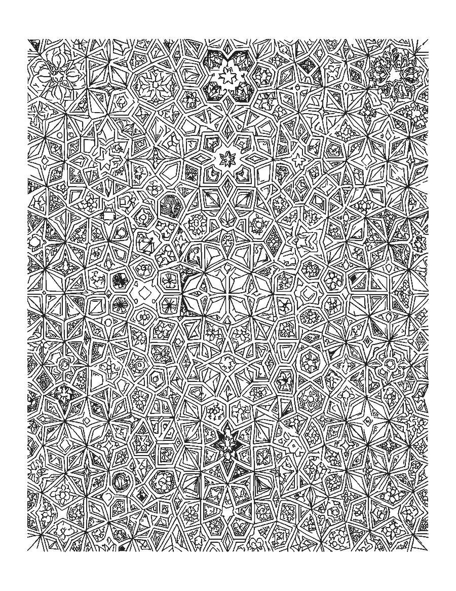 Line drawing of an intricate mosaic of interlocking stars, octagons and triangles