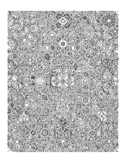 Line drawing of an intricate mosaic of interlocking stars, octagons and triangles