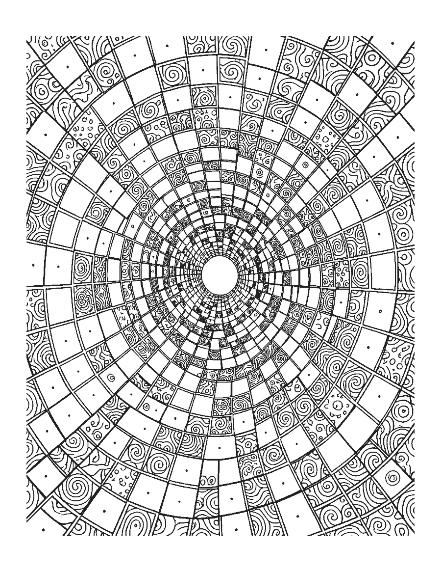 Line drawing of a warped checkerboard tunnel spiraling toward a center point